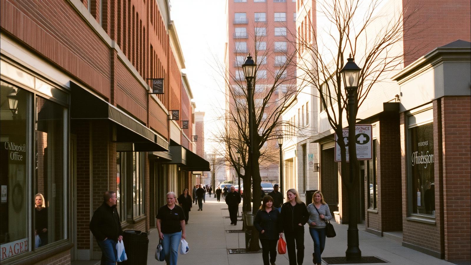 Independent shops and people walking on Clark Street in Andersonville, Chicago