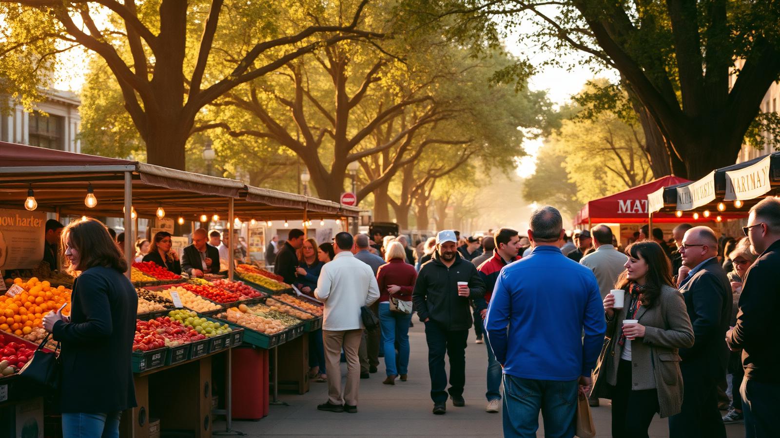 Sunday farmers market crowd on the boulevard in Logan Square, Chicago