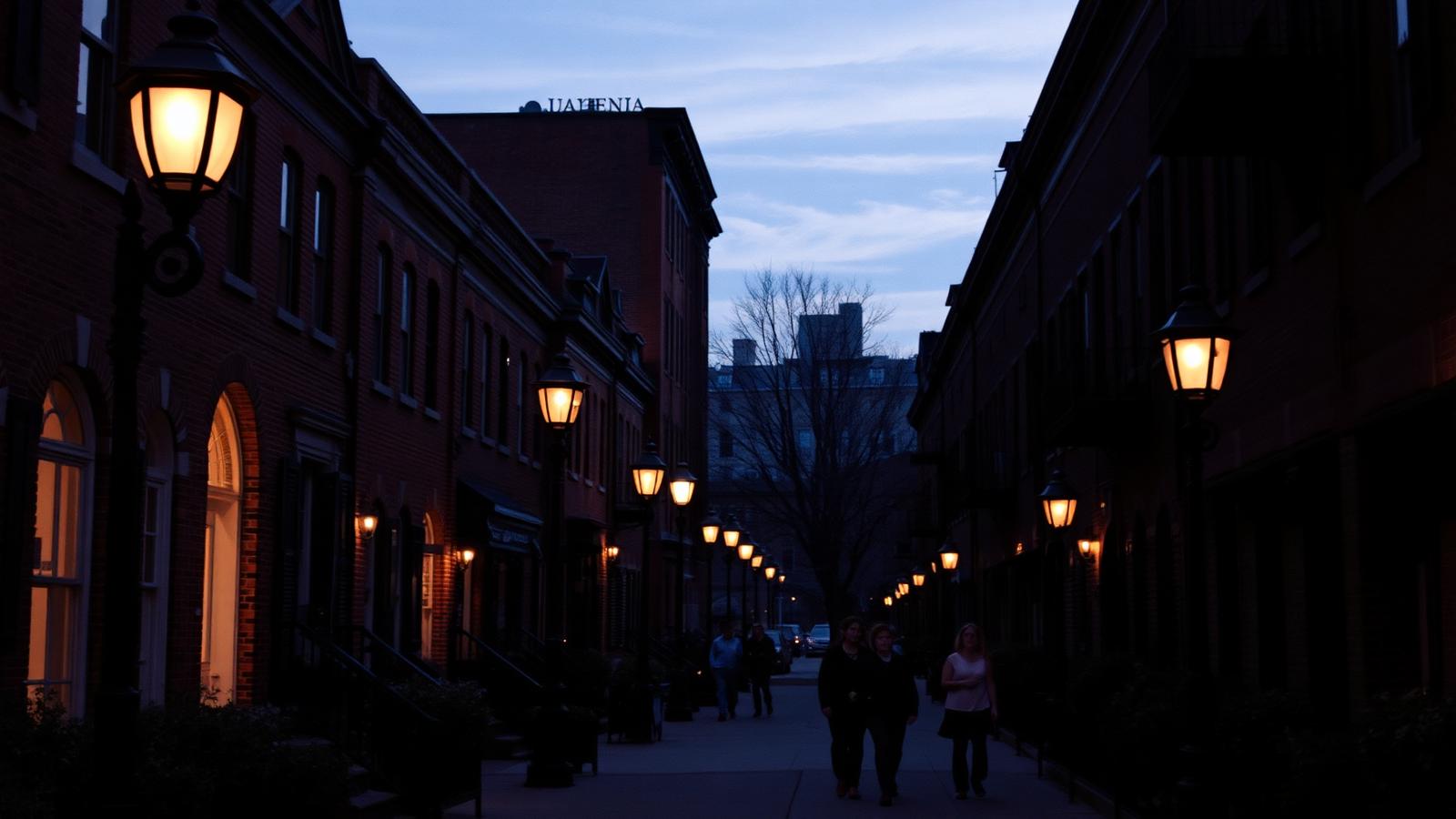 Historic Old Town Chicago street with brick townhouses and people walking at dusk
