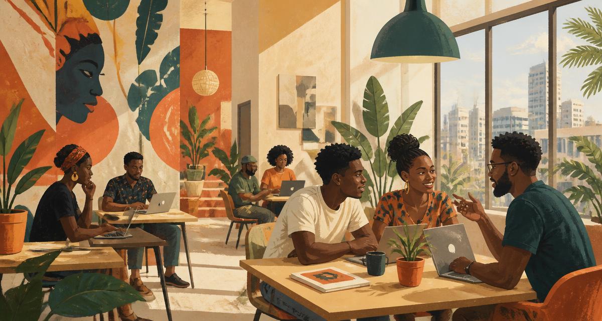 Students and tech workers talking together at a co-working space in Yaba, Lagos