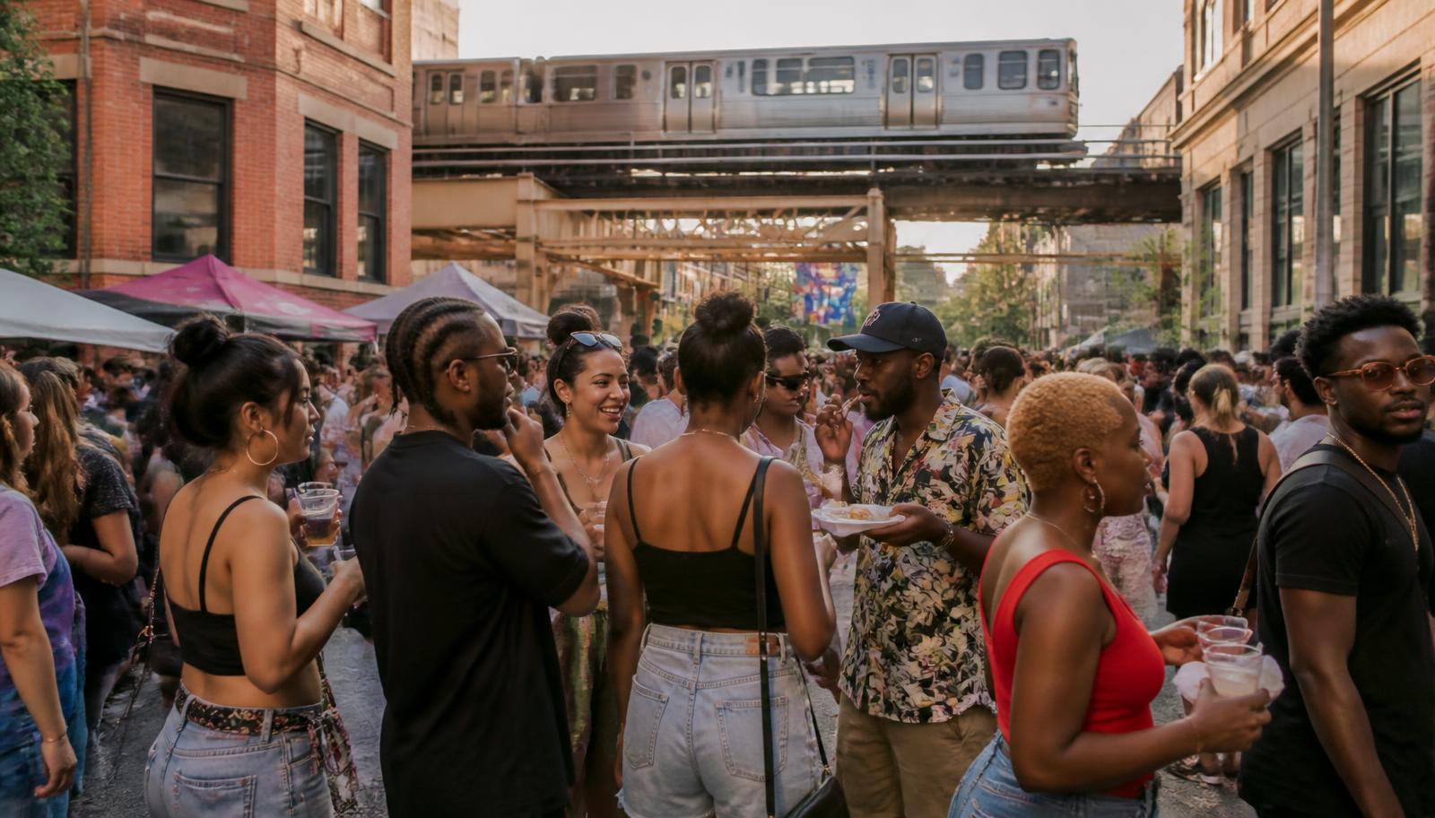 Crowd of friends eating and talking at a Chicago street festival under the El tracks
