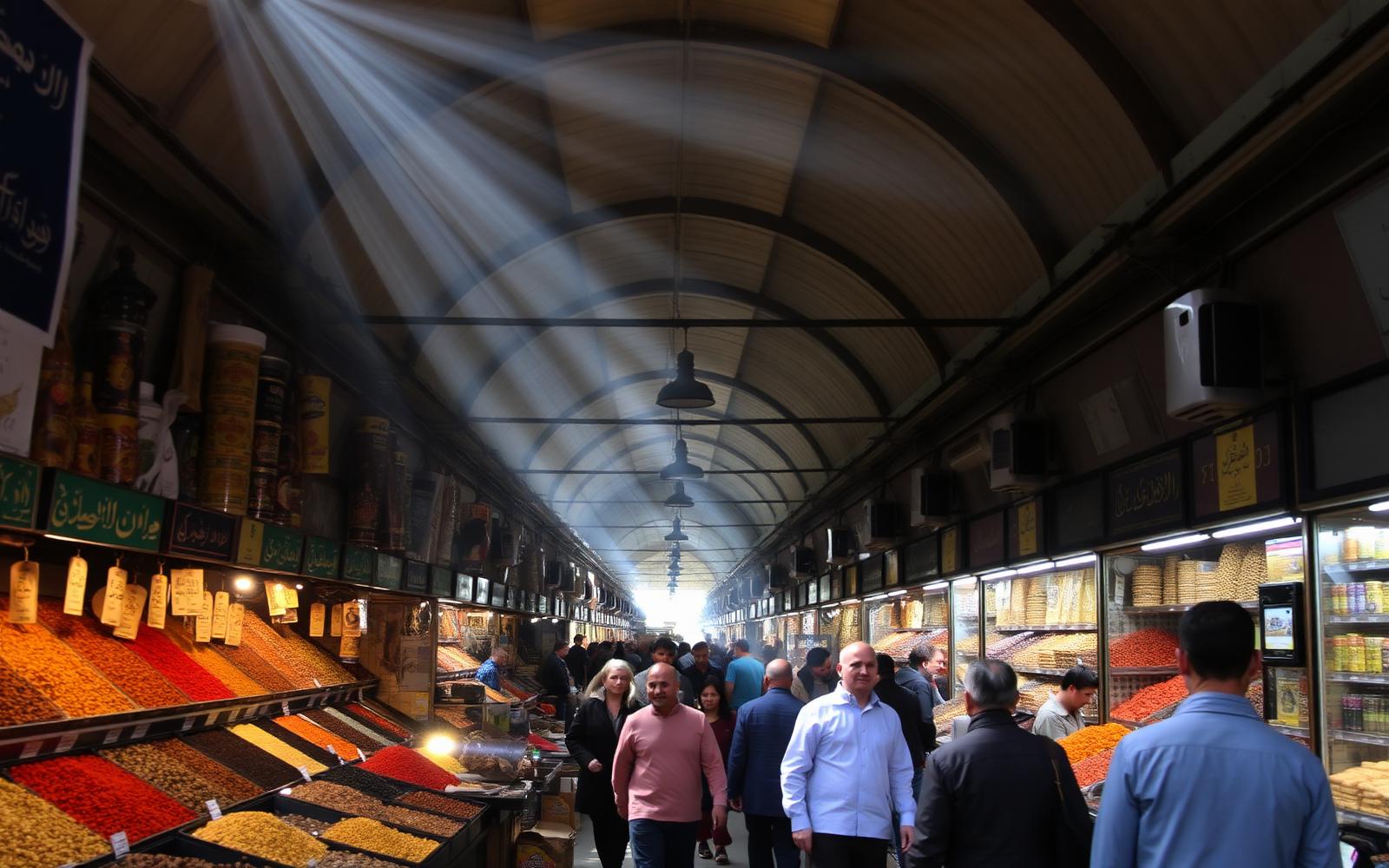 A busy covered bazaar corridor in Tehran with spice and dried fruit stalls.