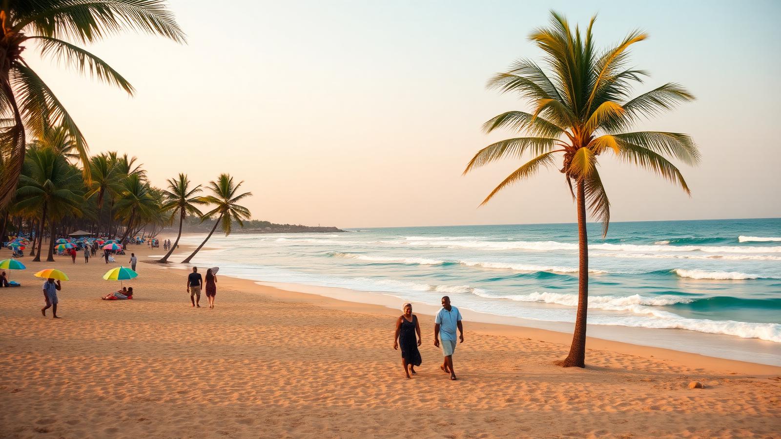 Palm-lined Atlantic beach near Lagos at golden hour