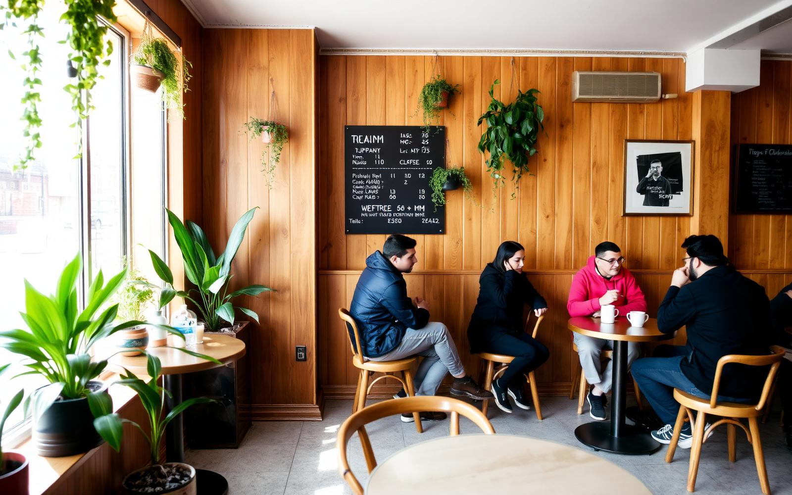 Friends talking over coffee in a plant-filled independent cafe in Tehran, Iran.