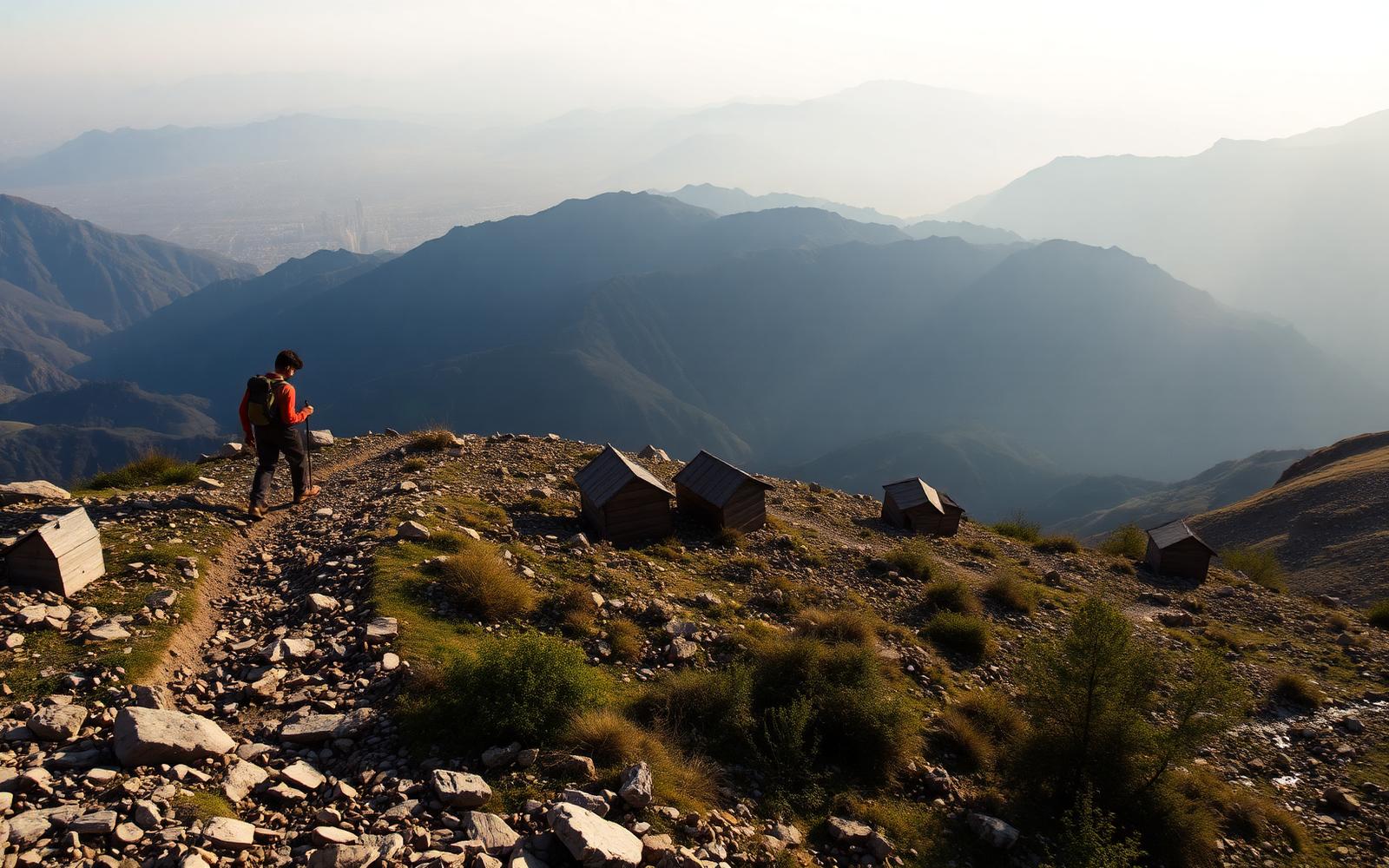 A hiker on a rocky Alborz mountain trail above Tehran in morning light.