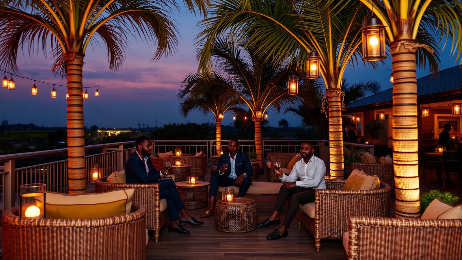 Open-air lounge terrace in Lekki at dusk with lantern lighting