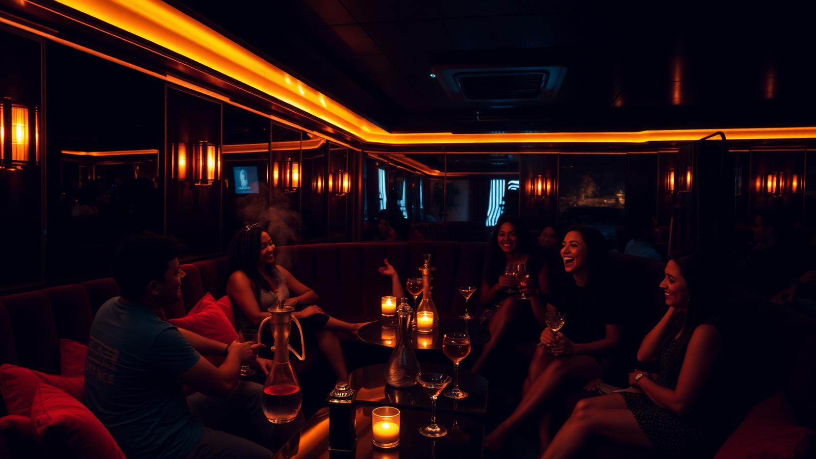 Warmly lit Lagos lounge with friends talking over drinks