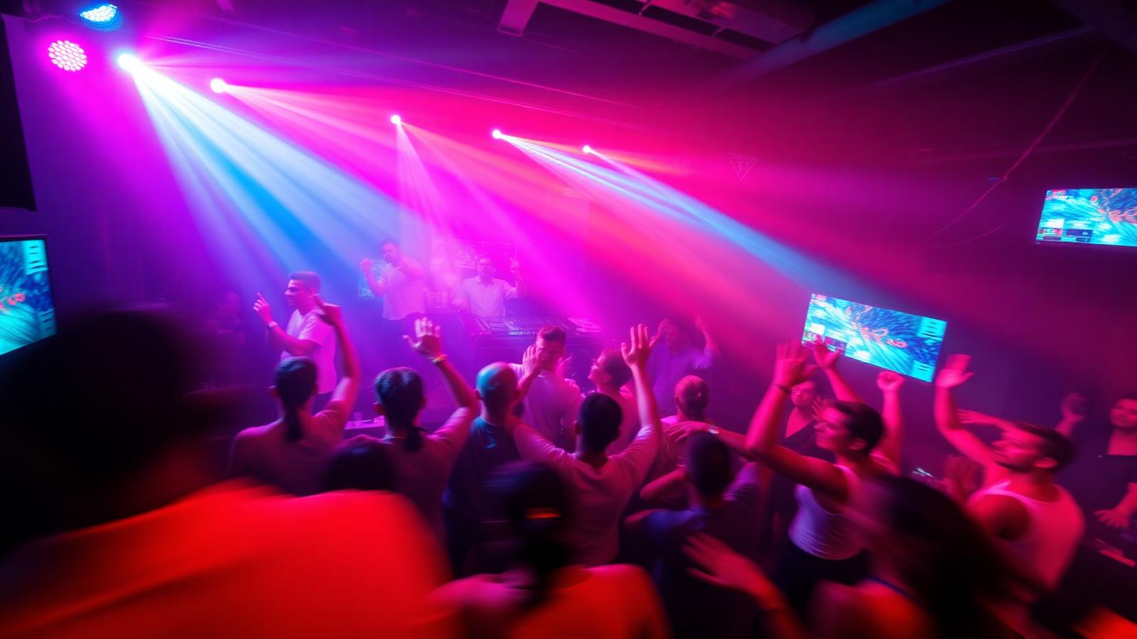 Lagos nightclub dance floor lit by pink and blue stage lights