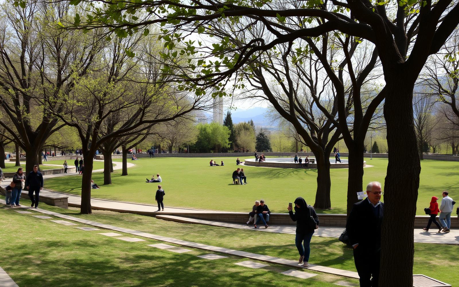 A green Tehran park with plane trees and people walking, with the Alborz mountains in the distance.