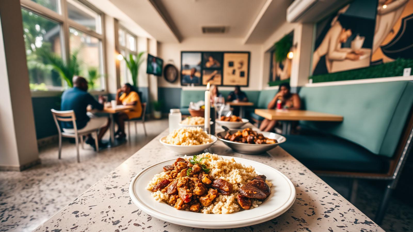Casual Ikeja restaurant with a plate of jollof rice and grilled meat