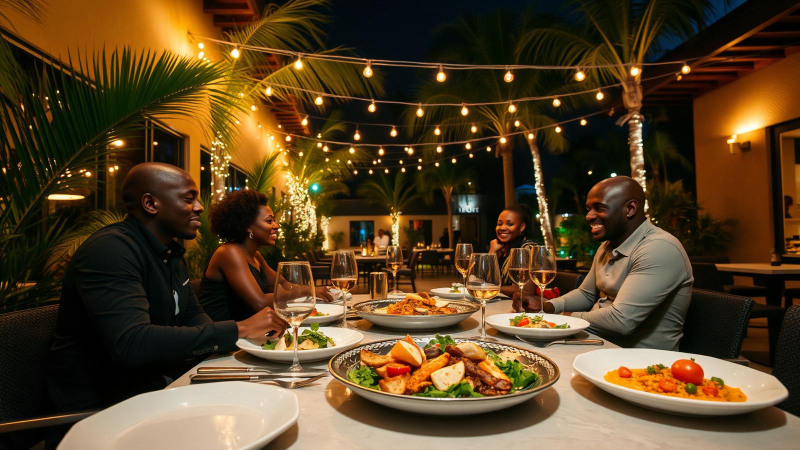 Outdoor courtyard restaurant in Lekki lit by string lights