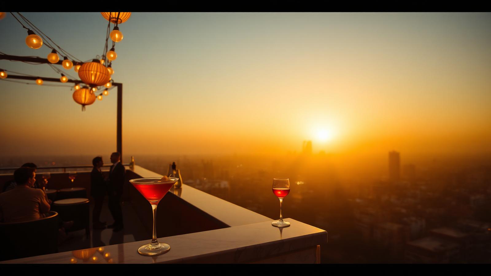 Rooftop bar overlooking the Lagos skyline at sunset