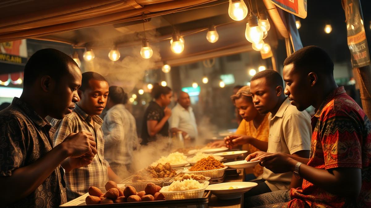 A busy Lagos street food stall at night with suya on the grill and friends eating together.