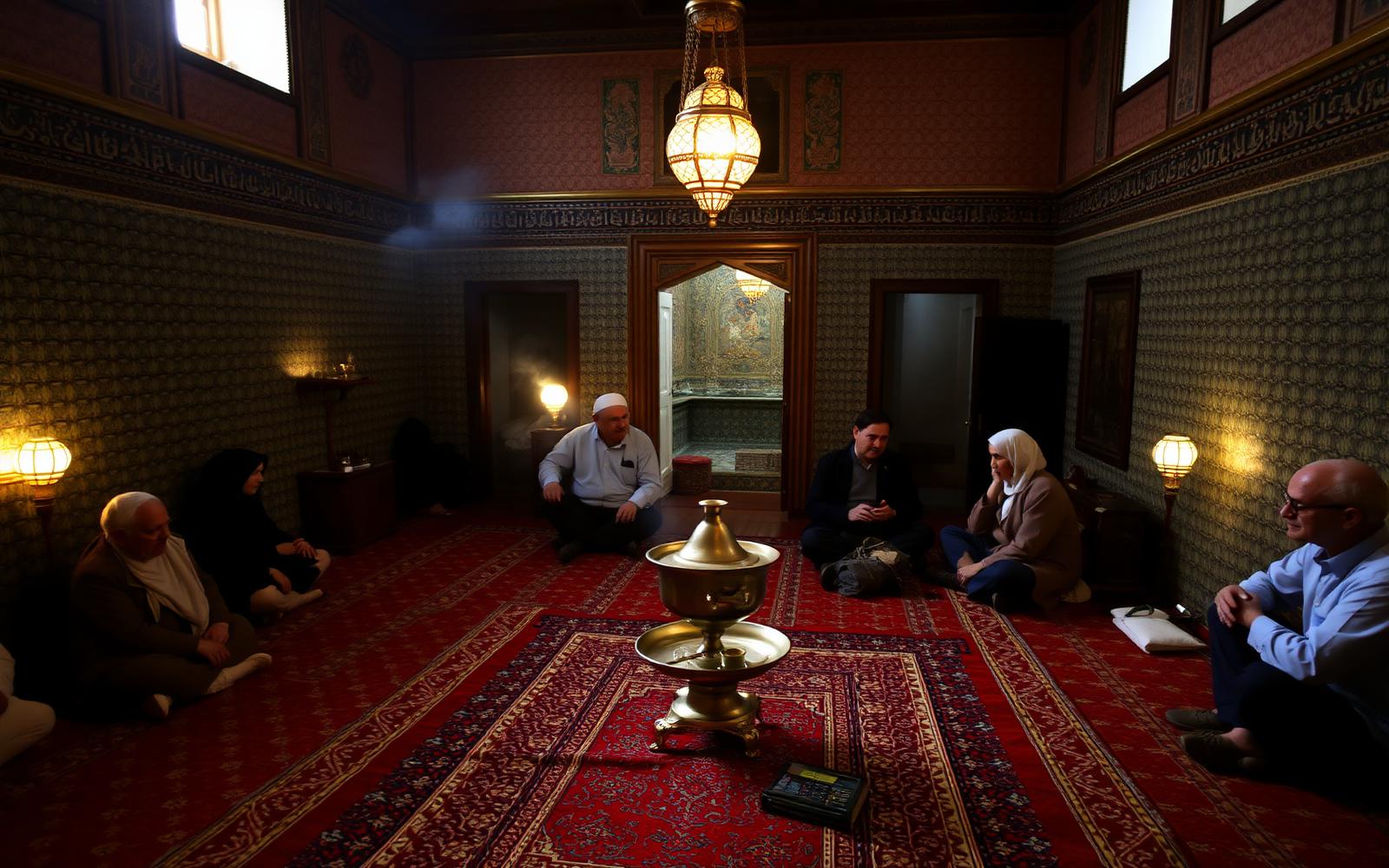 A traditional Iranian teahouse in Tehran with carpeted platforms, a brass samovar and people sitting and talking.