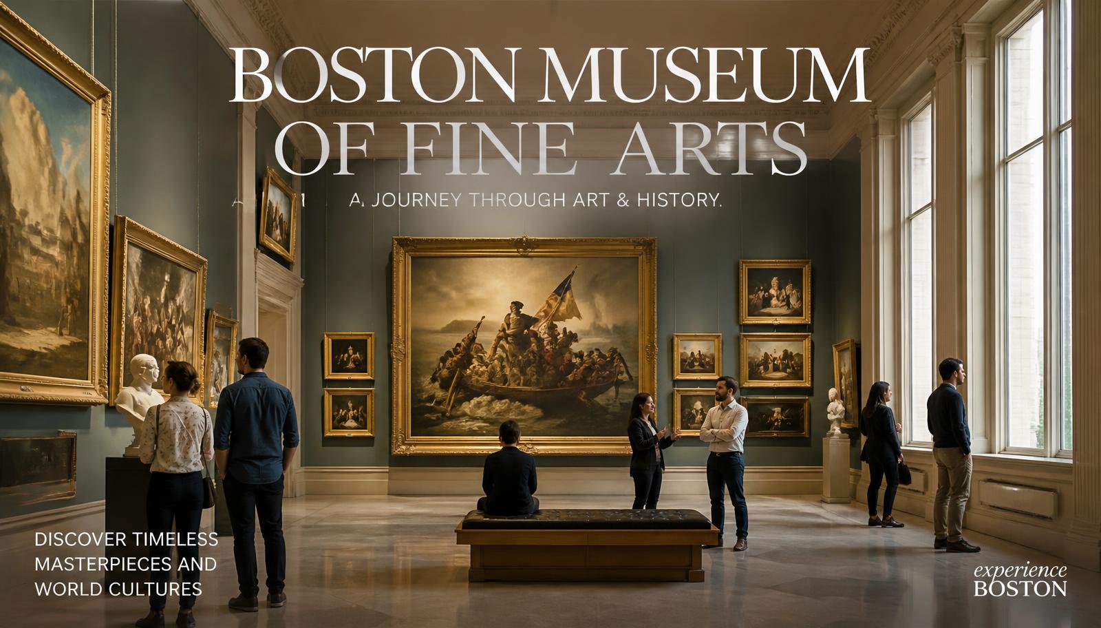 Visitors admiring paintings in a grand Boston museum gallery with natural light