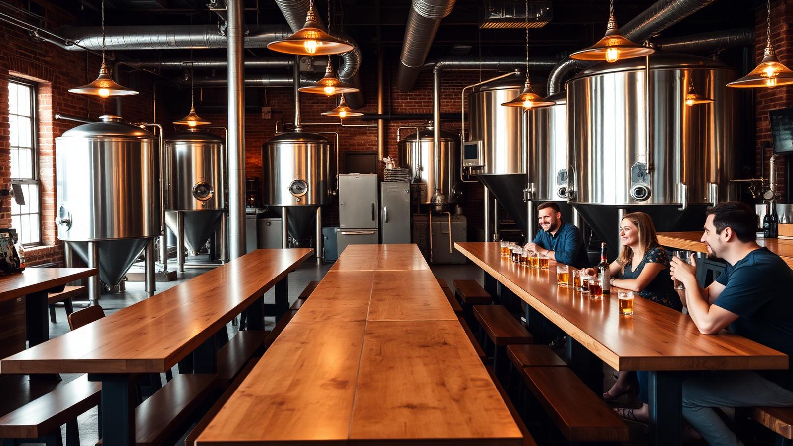 Boston brewery taproom with long communal tables and people talking
