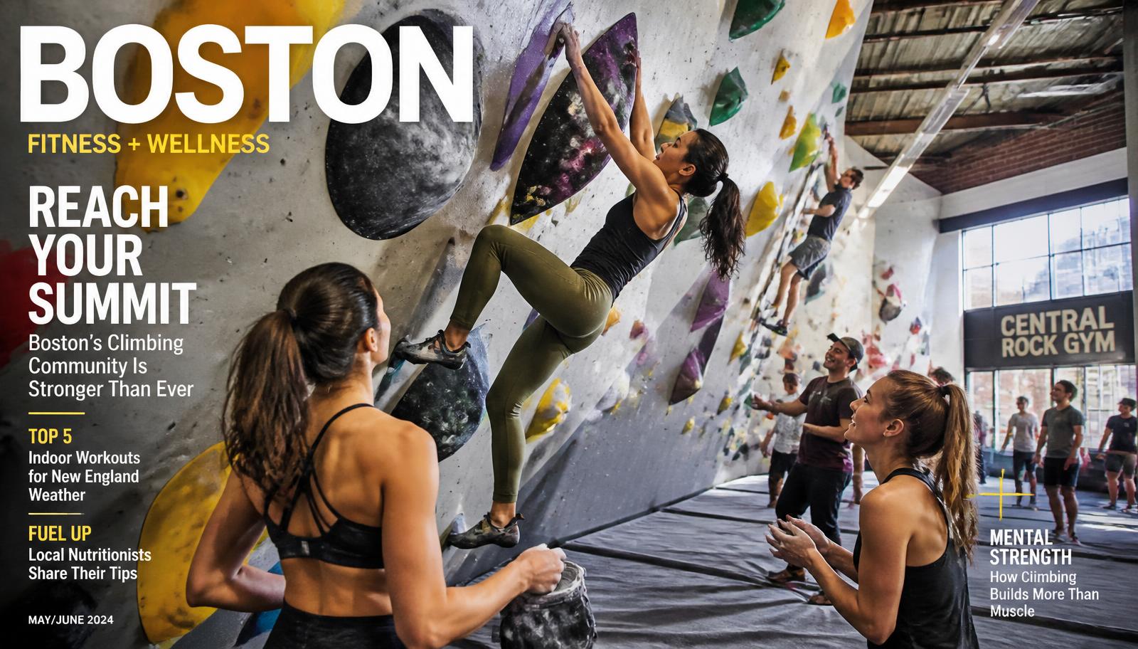Climbers on colorful bouldering walls in a modern Boston climbing gym