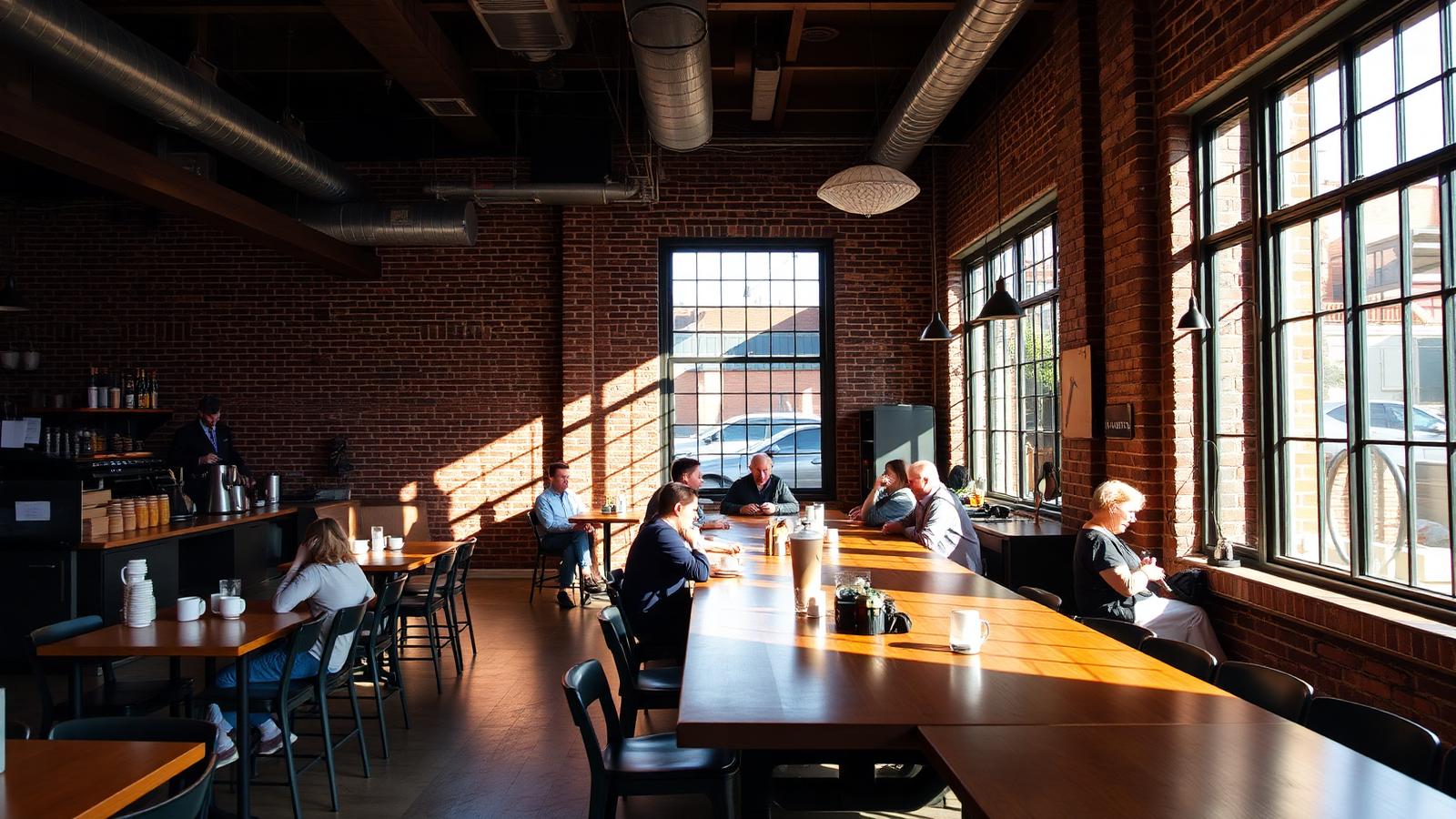 Sunlit Boston coffee shop with a long communal table and people talking
