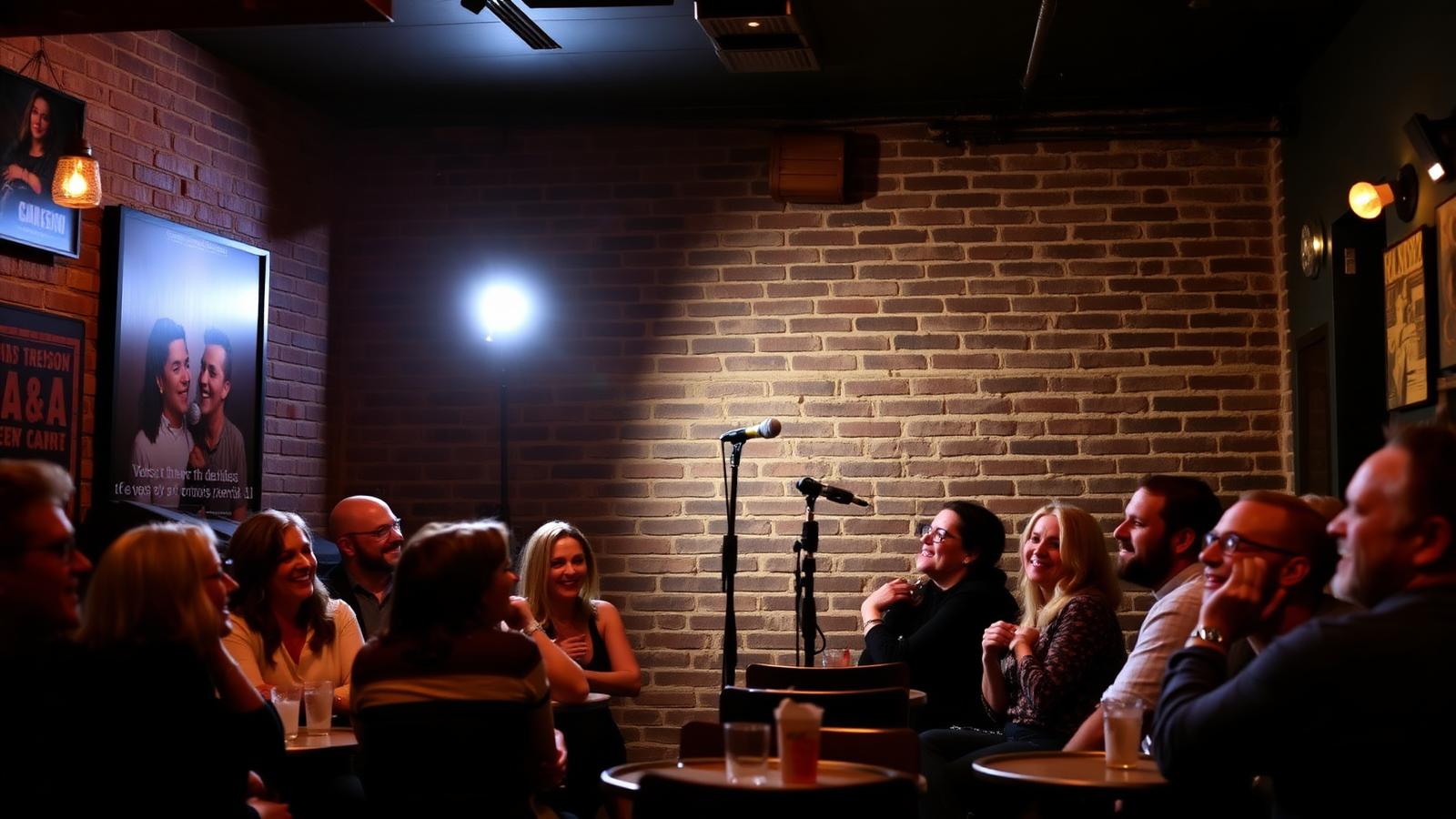 Boston comedy club with a comedian on a small stage and a laughing audience