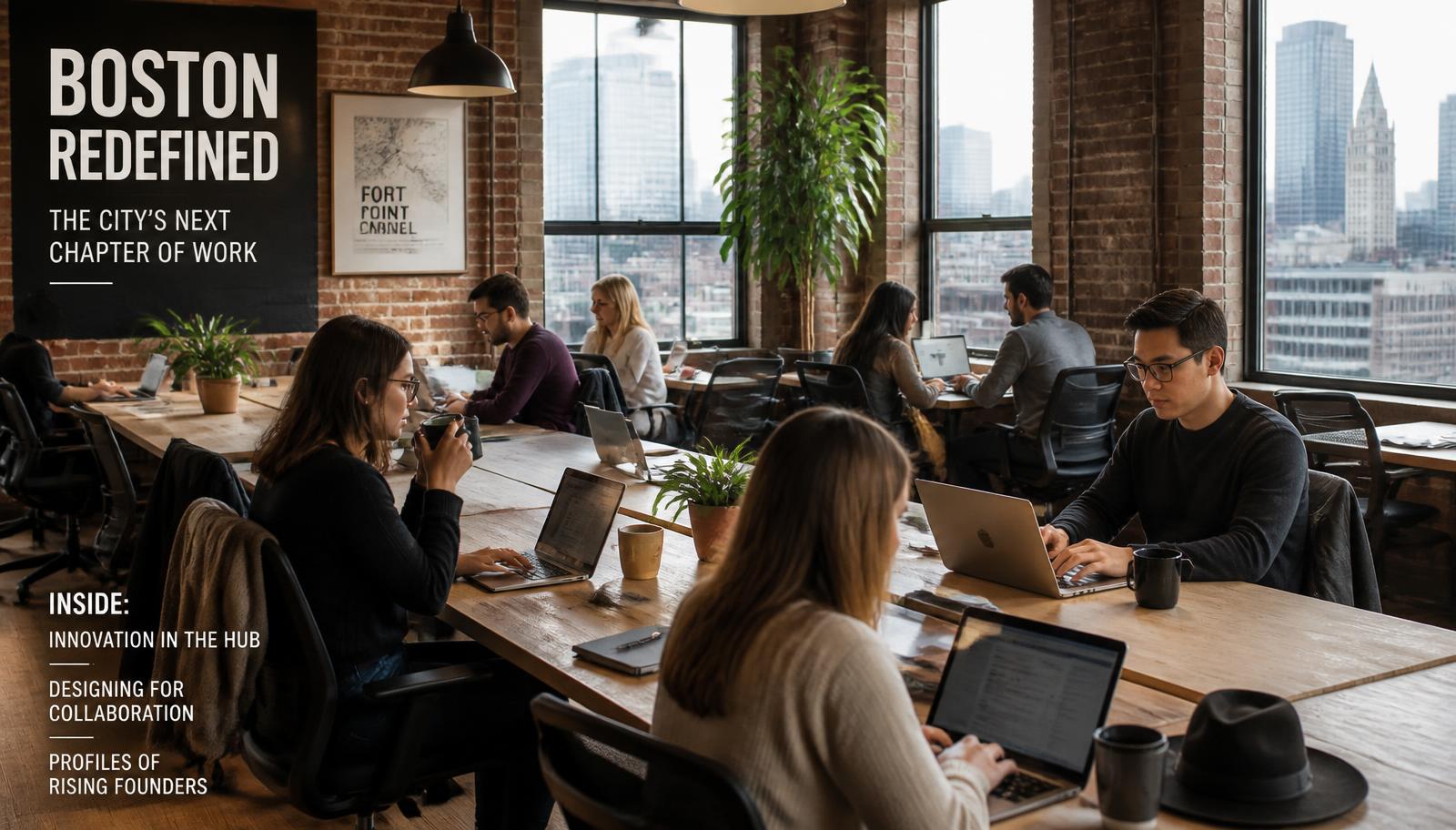 Modern Boston coworking space with professionals at shared tables and city views