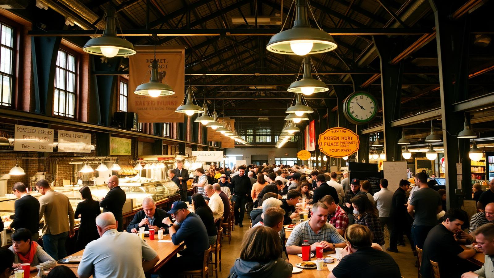 Busy Boston food hall with communal tables and market stalls