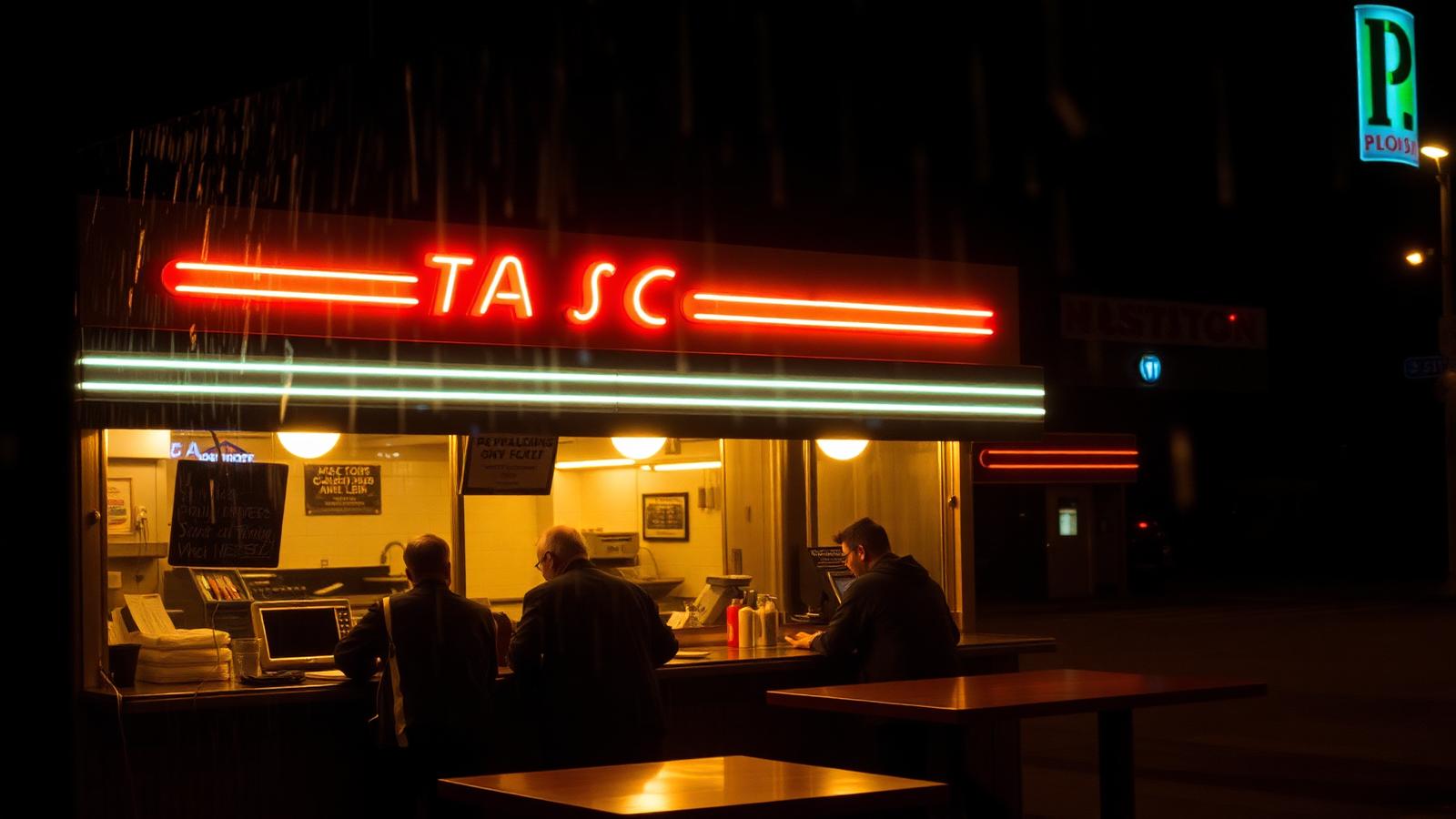 Late-night diner counter in Boston with warm light and a few customers