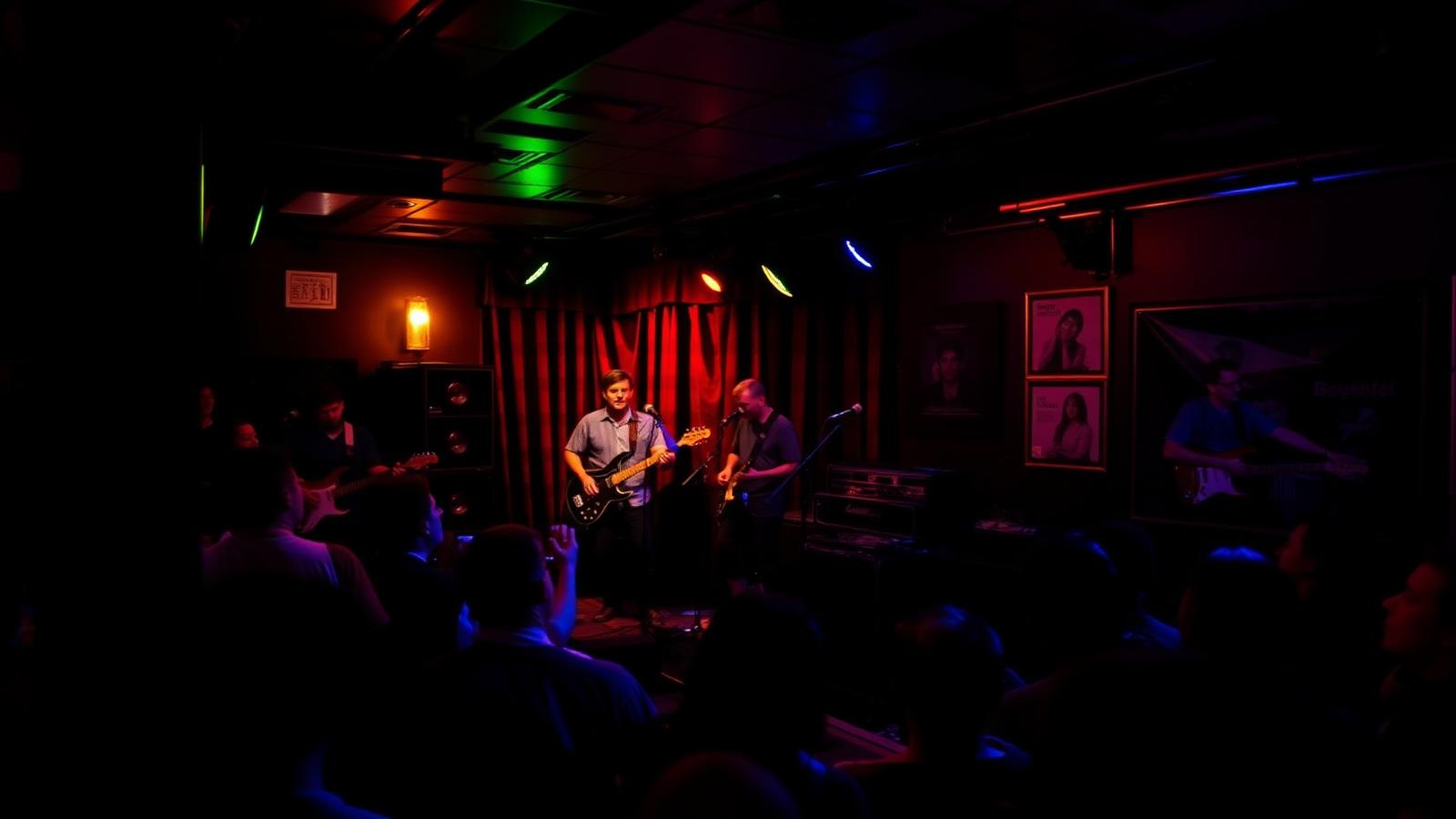 Small Boston music club with a band on stage and a close crowd