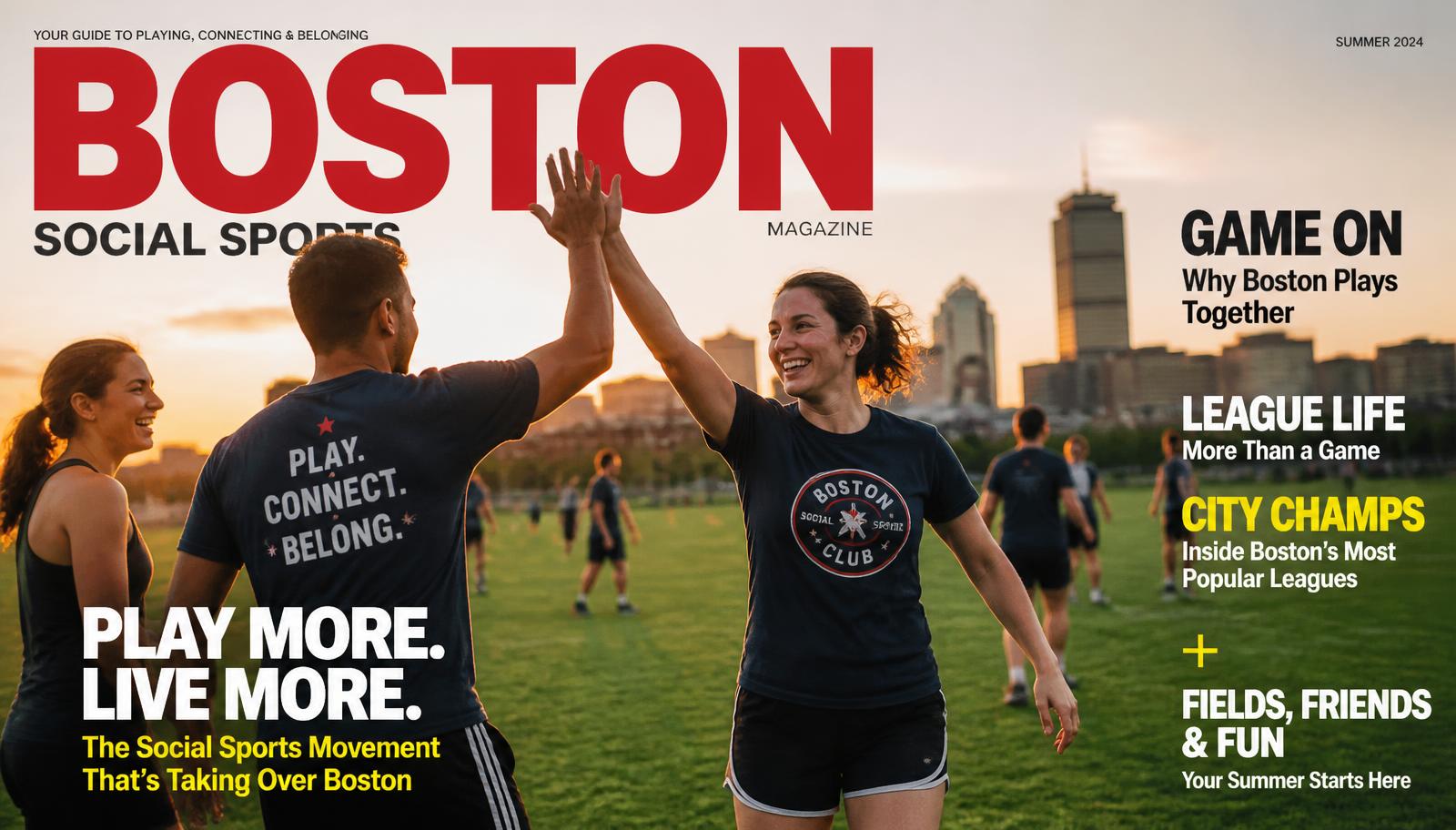 Adults playing social sports on a Boston field at sunset with teammates high-fiving