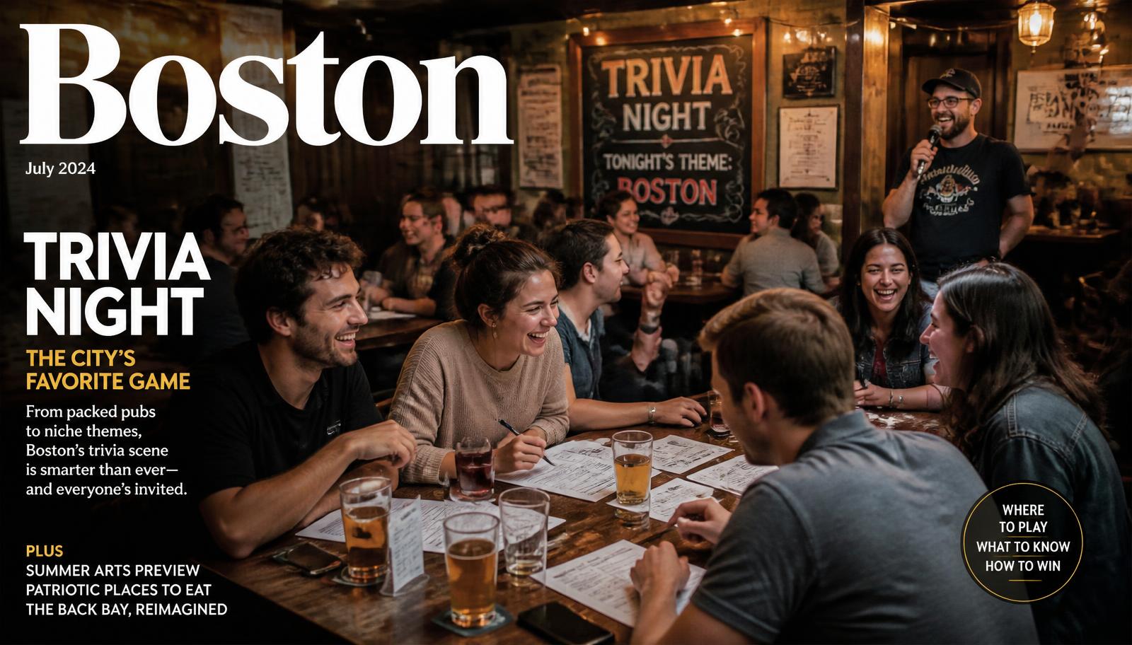 Teams gathered around a Boston pub table for trivia night with quiz sheets and drinks
