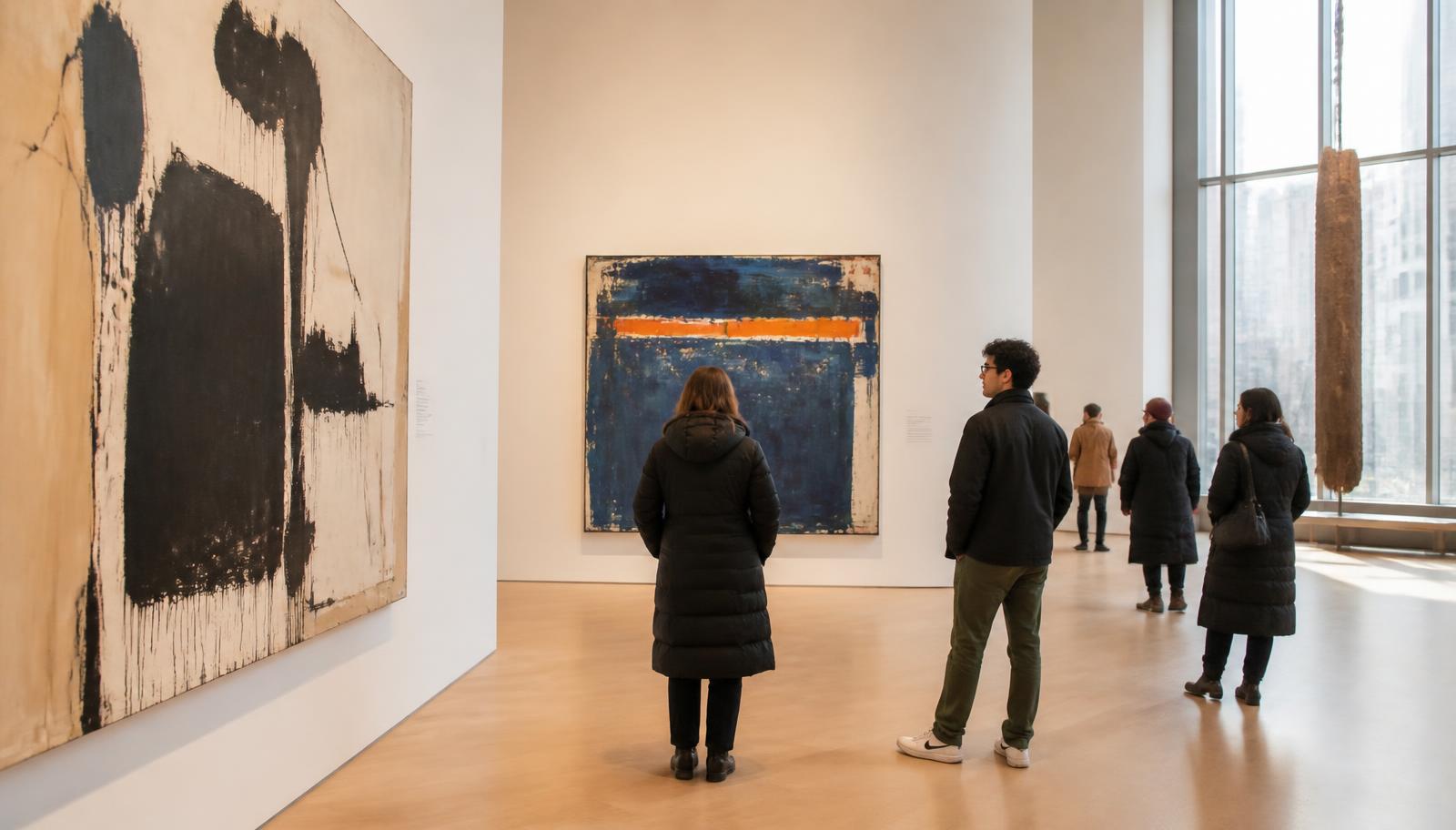 Visitors looking at large paintings in a bright Chicago museum gallery