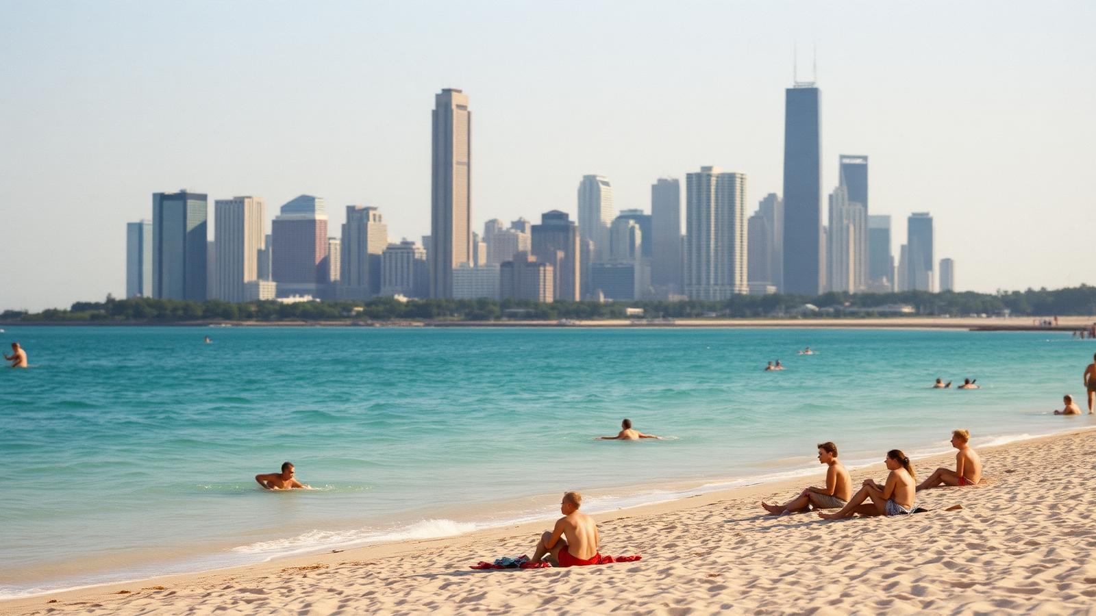 Chicago lakefront beach with the skyline in the background on a summer afternoon