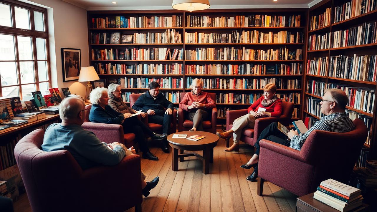 People sitting in a circle of armchairs in a warm Chicago bookshop for a book club