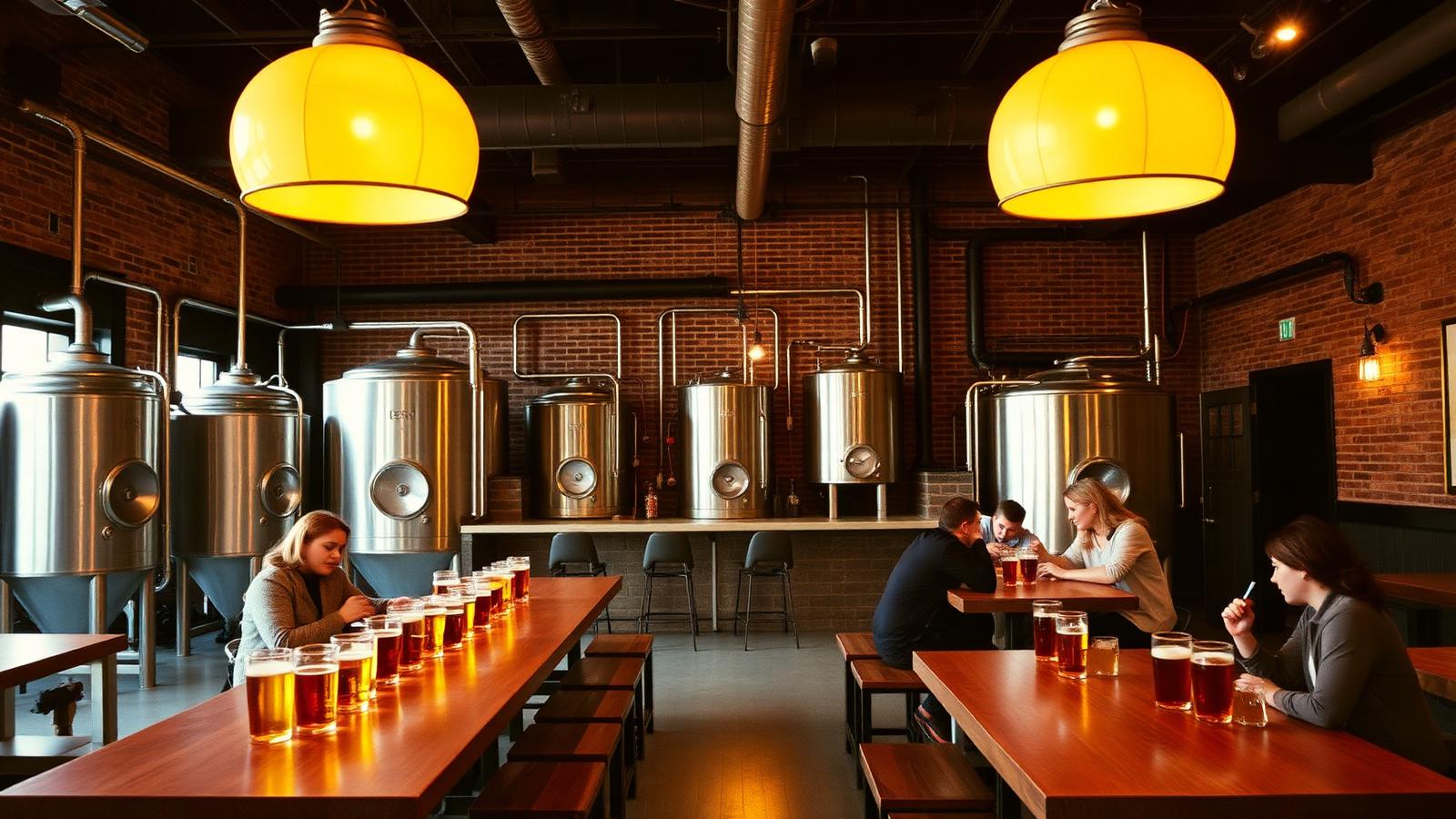 Chicago brewery taproom with shared tables and people talking over beers