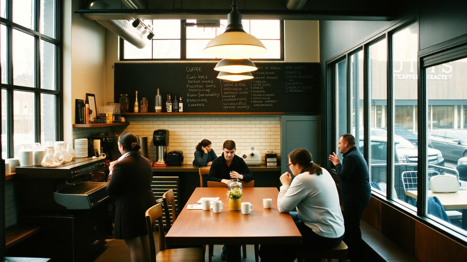 Neighbourhood coffee shop in Chicago with people talking at a shared table