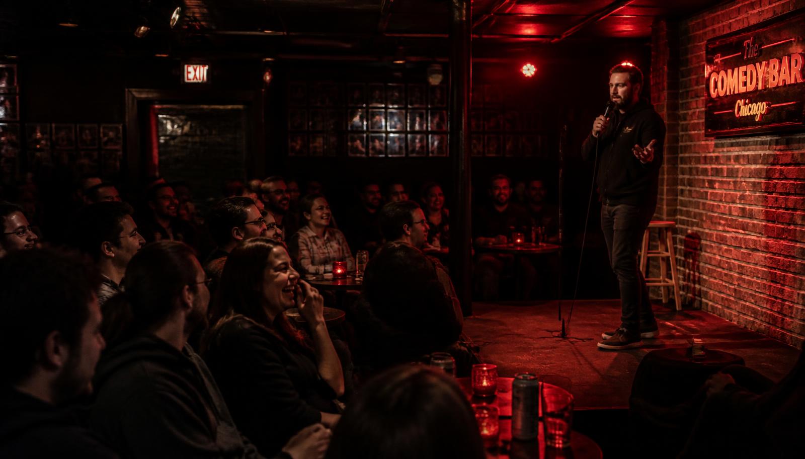 Audience laughing at a small Chicago comedy club with a brick back wall and red stage lighting