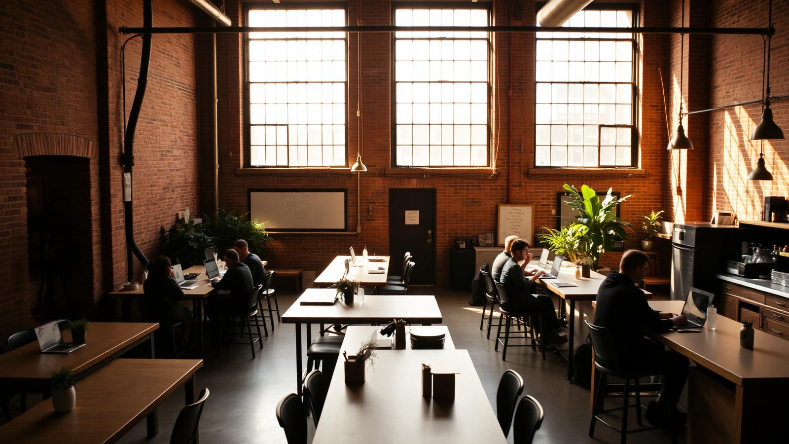 Bright Chicago coworking space with people working at shared desks