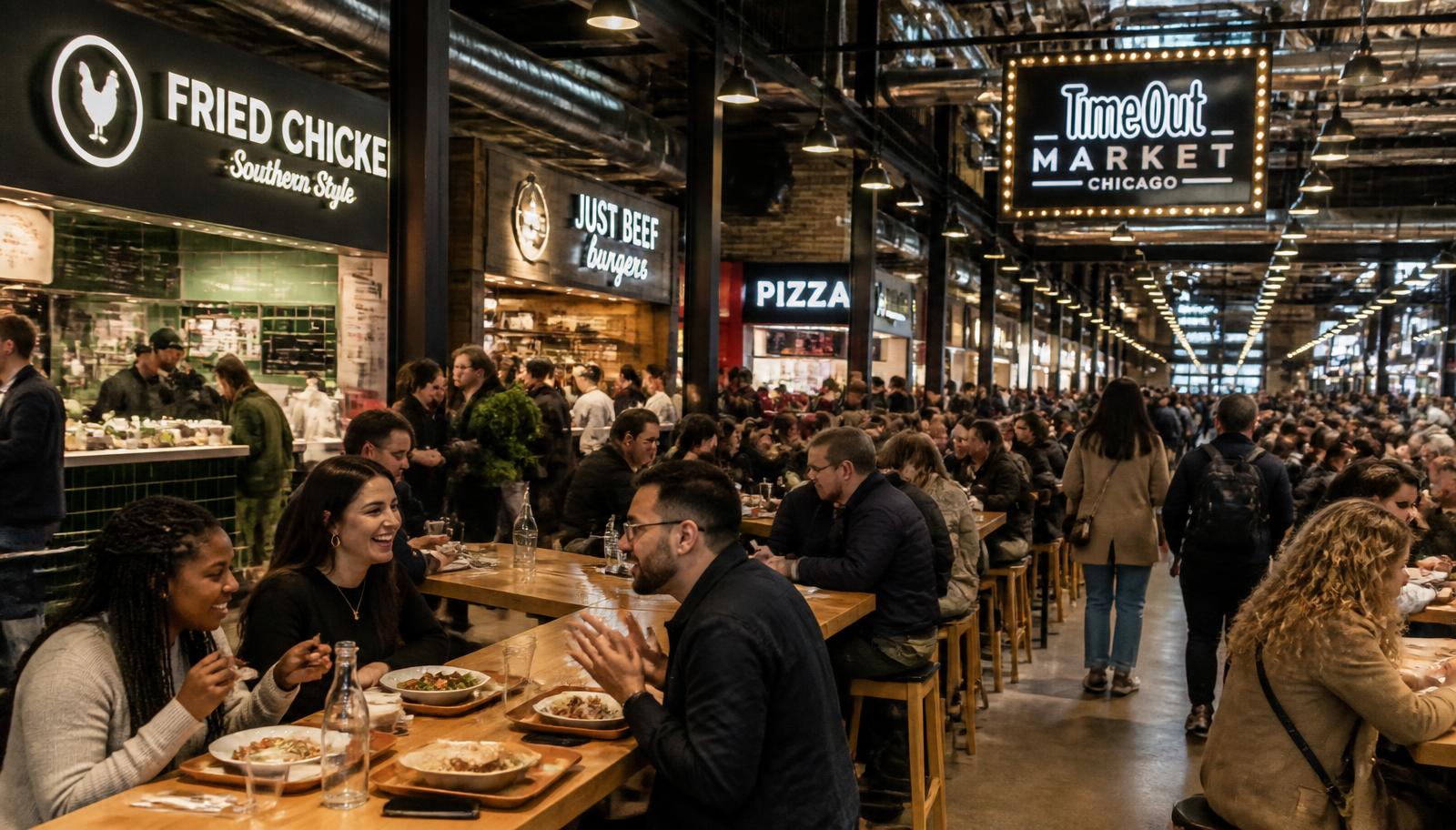 Communal tables filled with people eating at a busy Chicago food hall