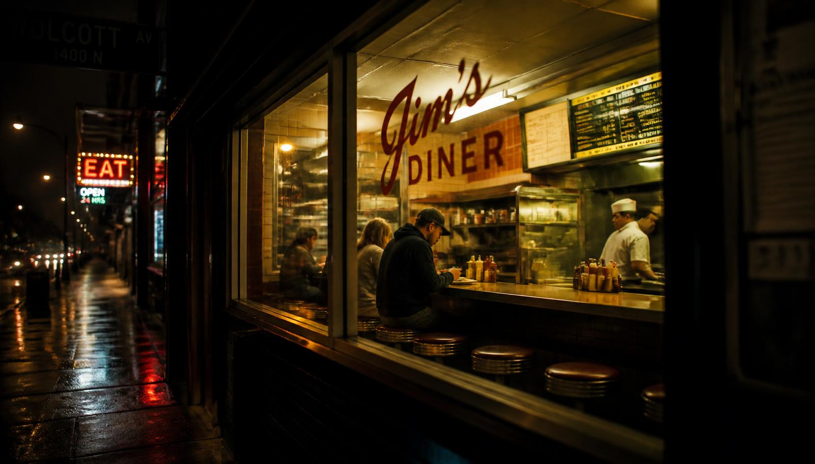 Late-night Chicago diner counter glowing on a dark street