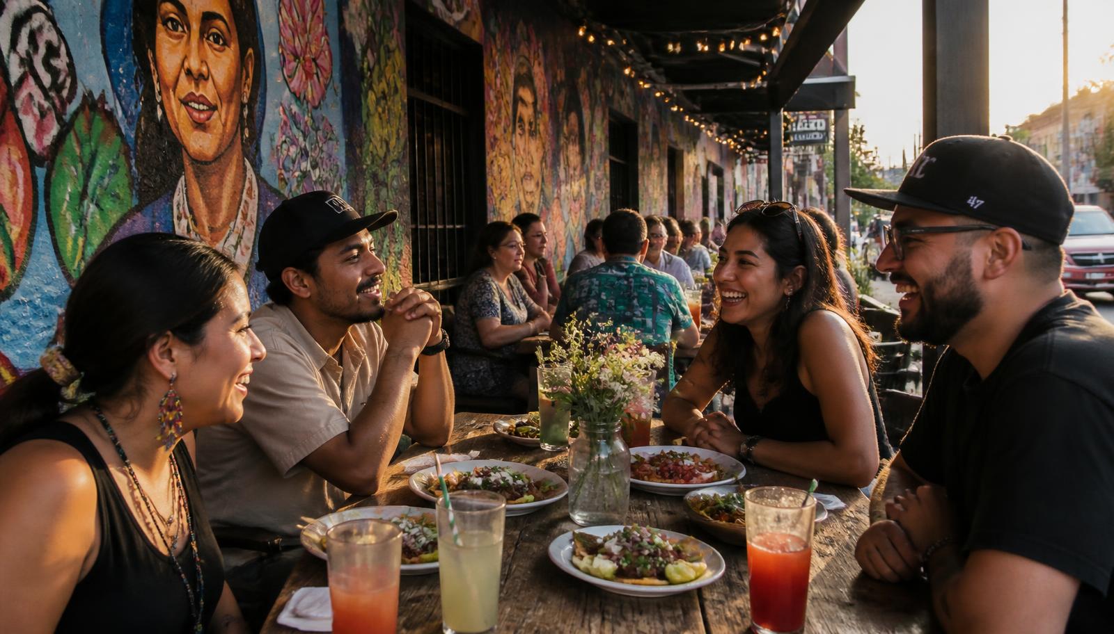 Friends eating tacos at an outdoor table beside a colourful mural in Pilsen, Chicago