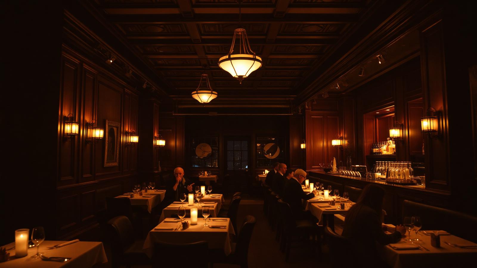 Busy River North restaurant dining room in Chicago at night