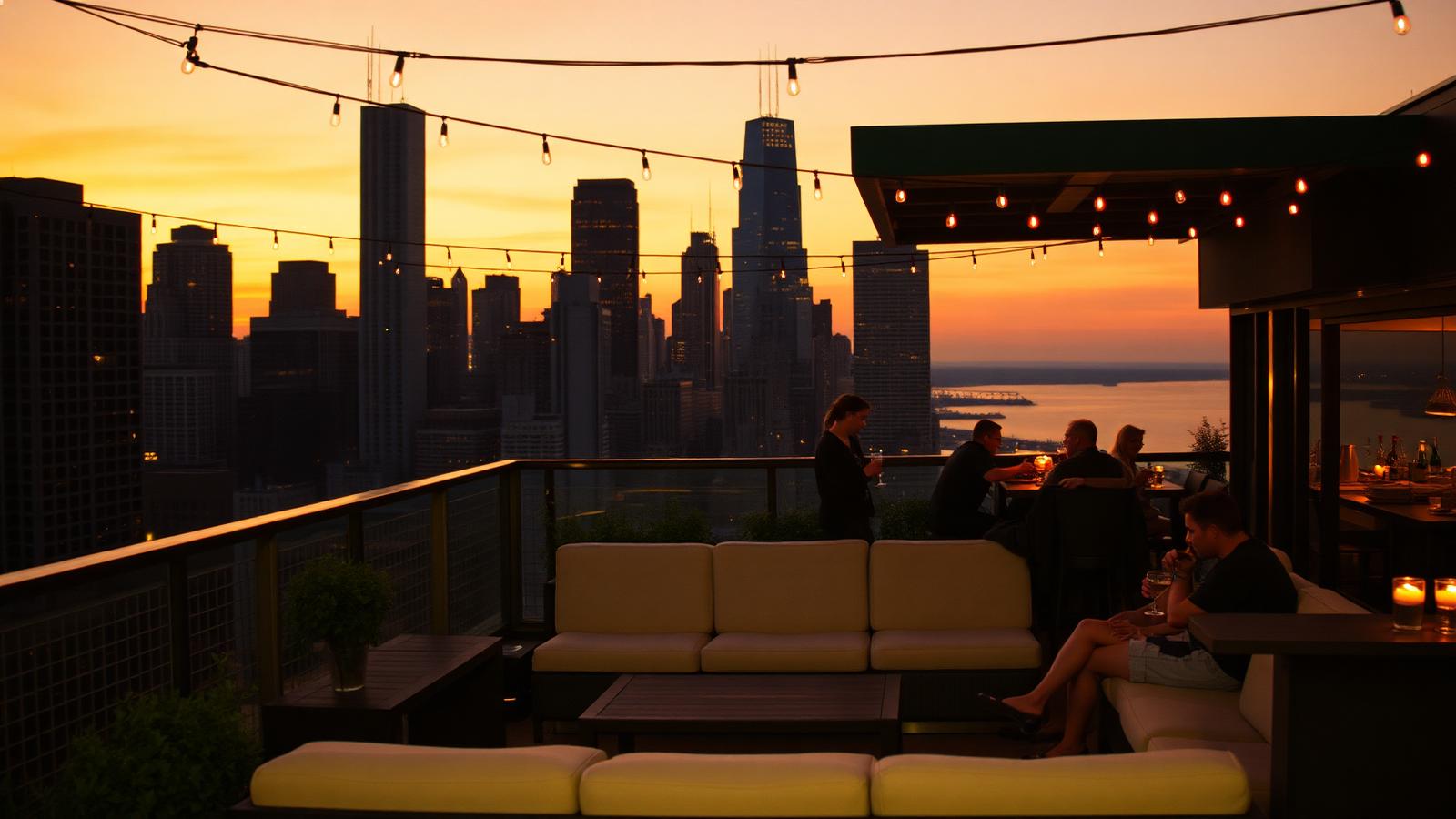 Rooftop bar terrace overlooking the Chicago skyline at sunset