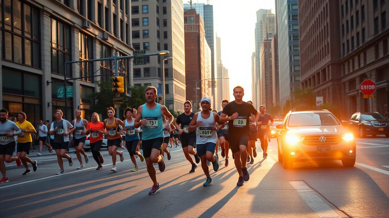 Runners setting off together from a Chicago street on a summer evening