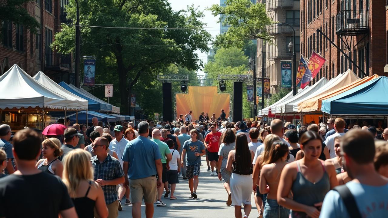 Crowd filling a closed Chicago street at a summer neighbourhood festival with a stage
