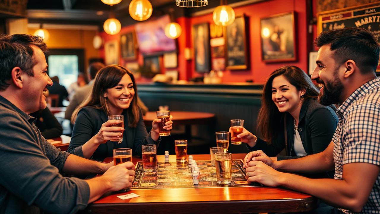 Friends playing a board game around a table in a lively Chicago bar
